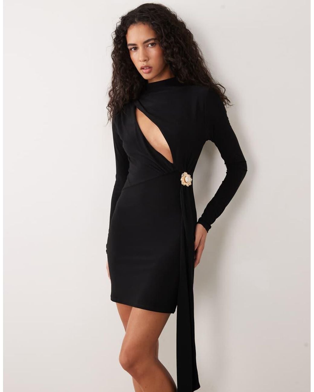 ASOS Black High Neck Mini Dress With Cut Out Gold Trim Detail And Long Sash