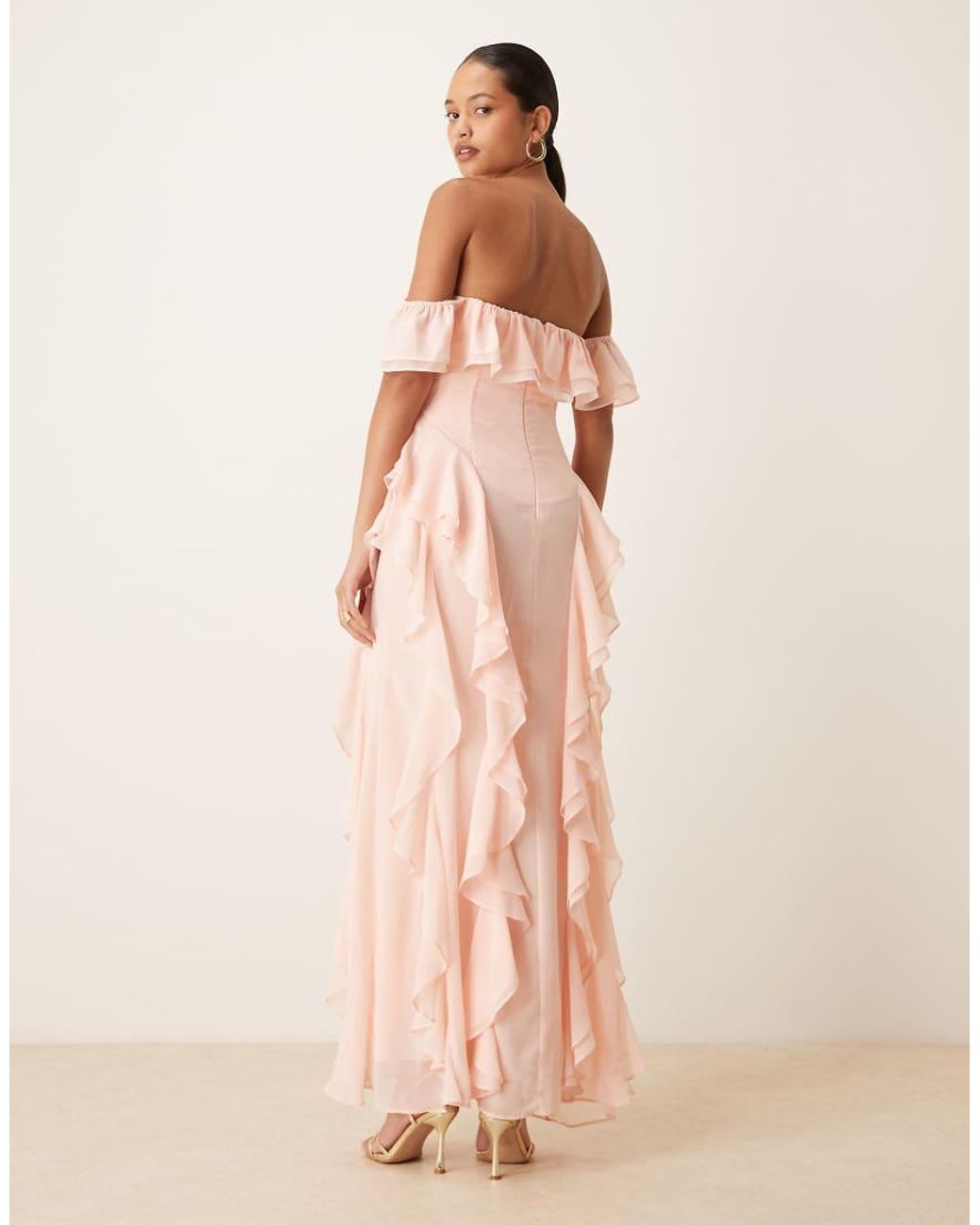 True Decadence Pink Bardot Ruffle Maxi Dress