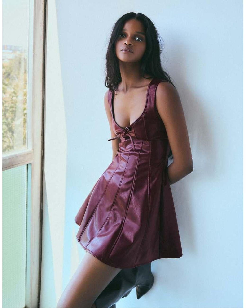 Bershka Blue Leather Effect Strappy Mini Dress With Sweetheart Neckline