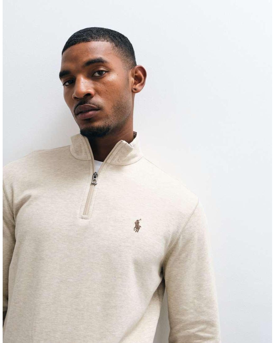 Polo Ralph Lauren Natural Icon Logo Double Knit Quarter Zip Sweatshirt for men