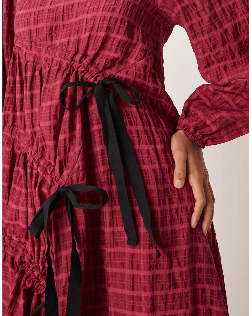 Ghospell Red Cotton Rich Ruched Detail Midi Dress