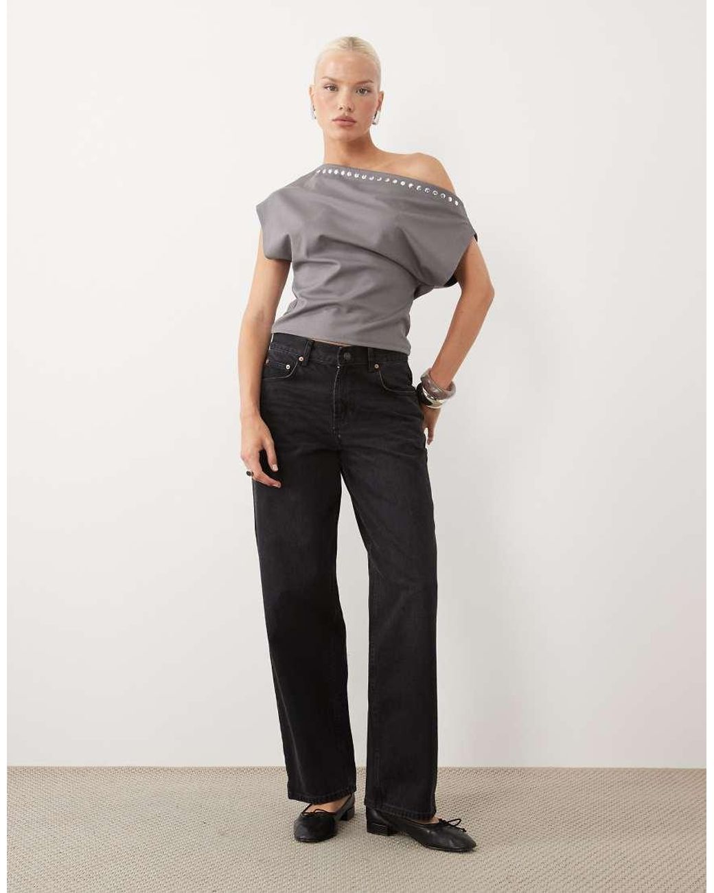 Gina Tricot Gray Off The Shoulder Short Sleeve Top With Studs