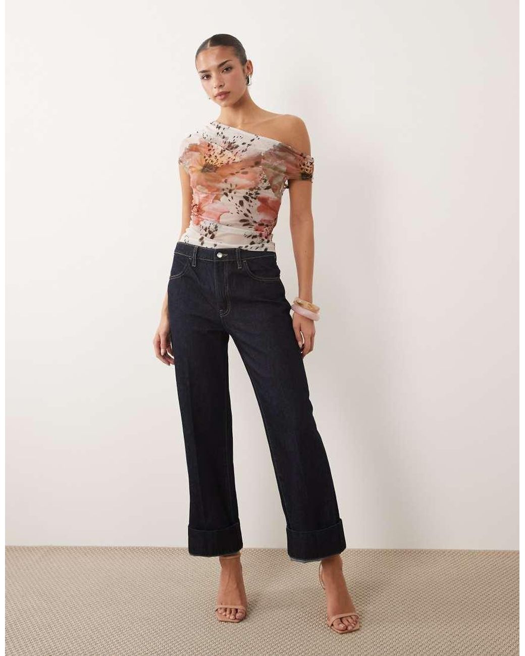 ASOS Multicolor Sheer Mesh Ruched Off Shoulder Asymmetric Top