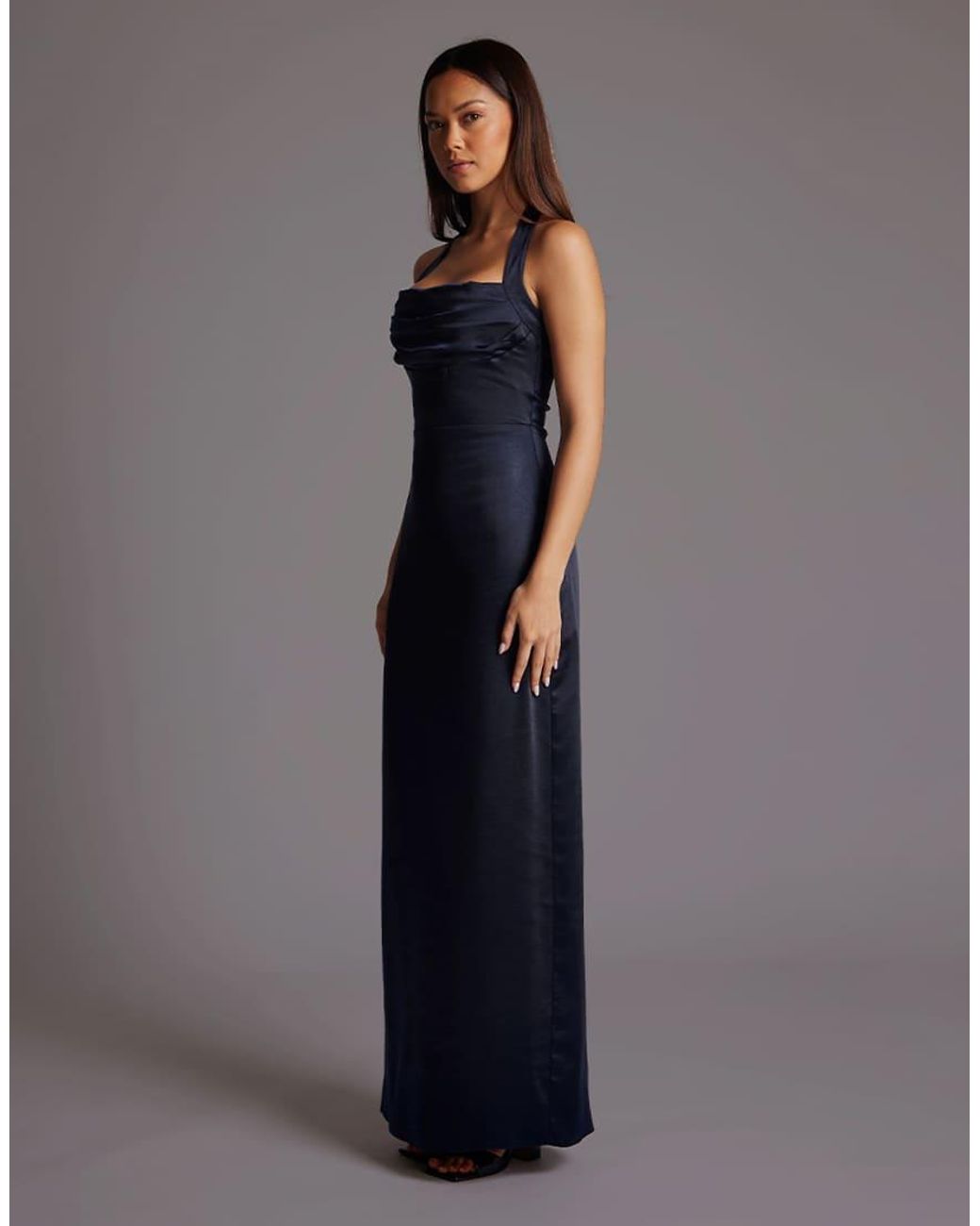 Vesper Blue Satin Cowl Halter Neck Maxi Dress