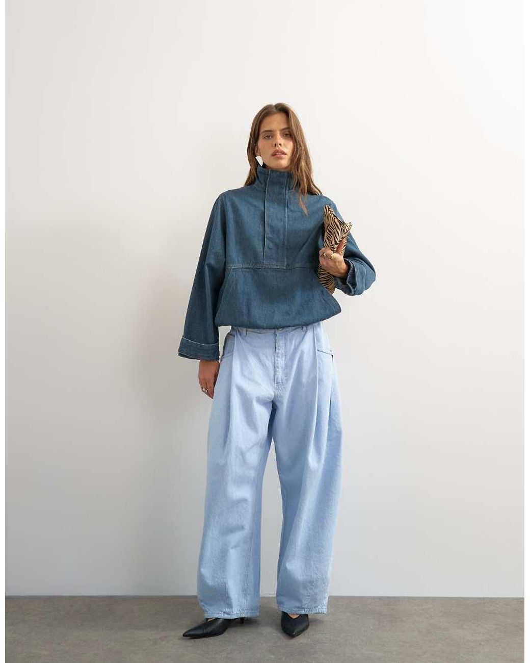 TOPSHOP Blue Denim Funnel Neck Bubble Hem Top