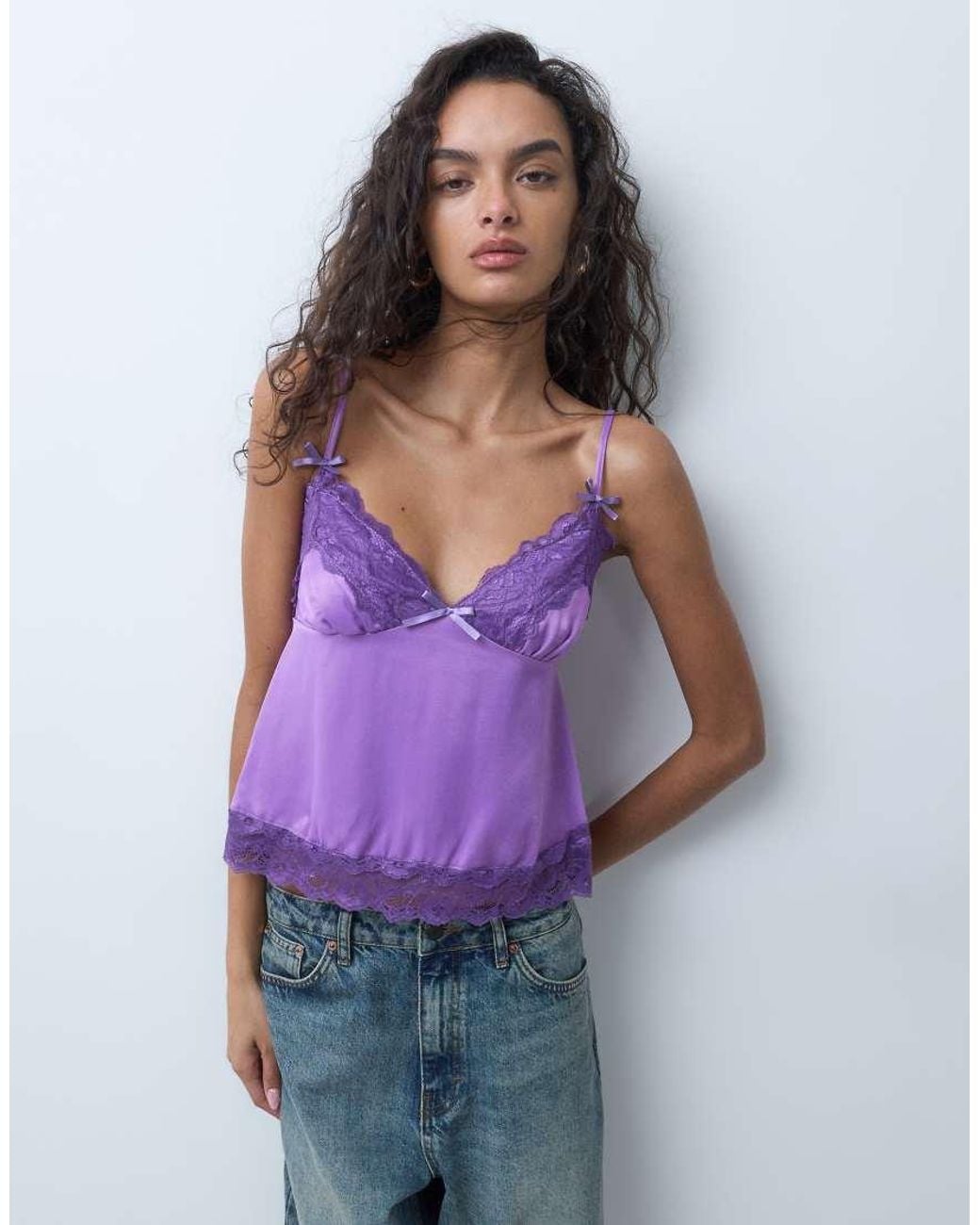 Miss Selfridge Purple Satin And Lace Cami Top