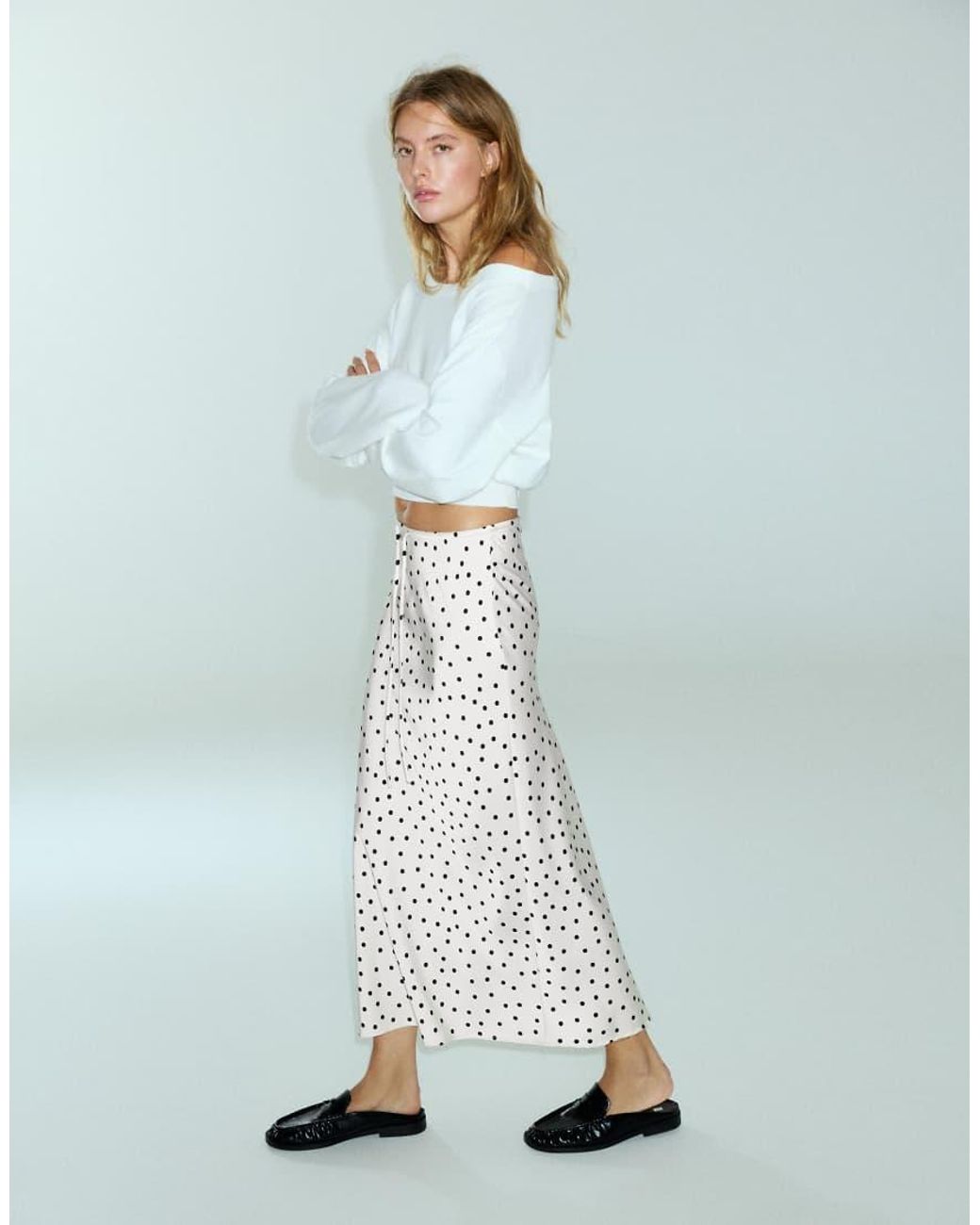 Pull&Bear White Satin Drawstring Midi Skirt