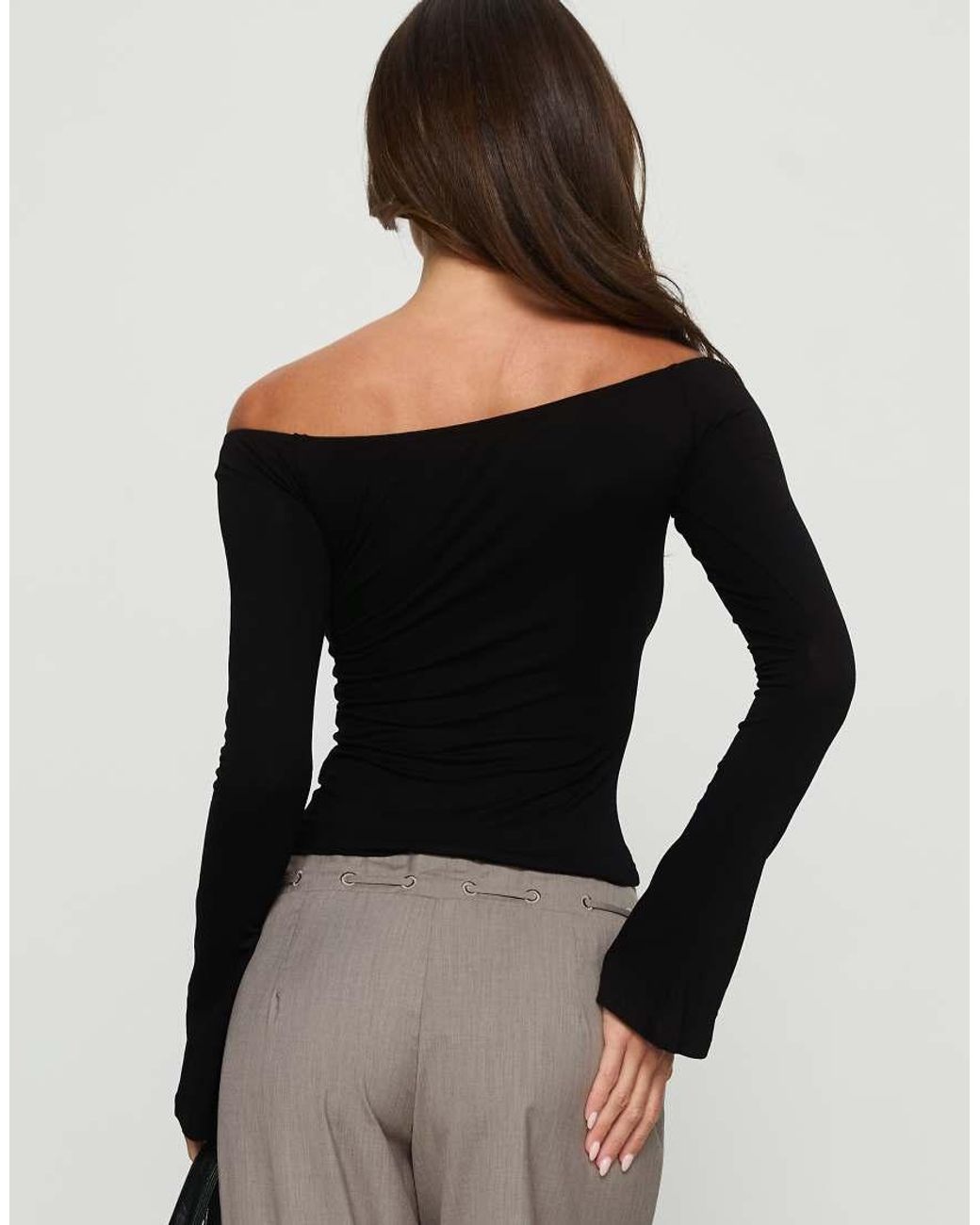 Princess Polly Black Jillianna Cotton Rich Bardot Button Detail Long Sleeve Top