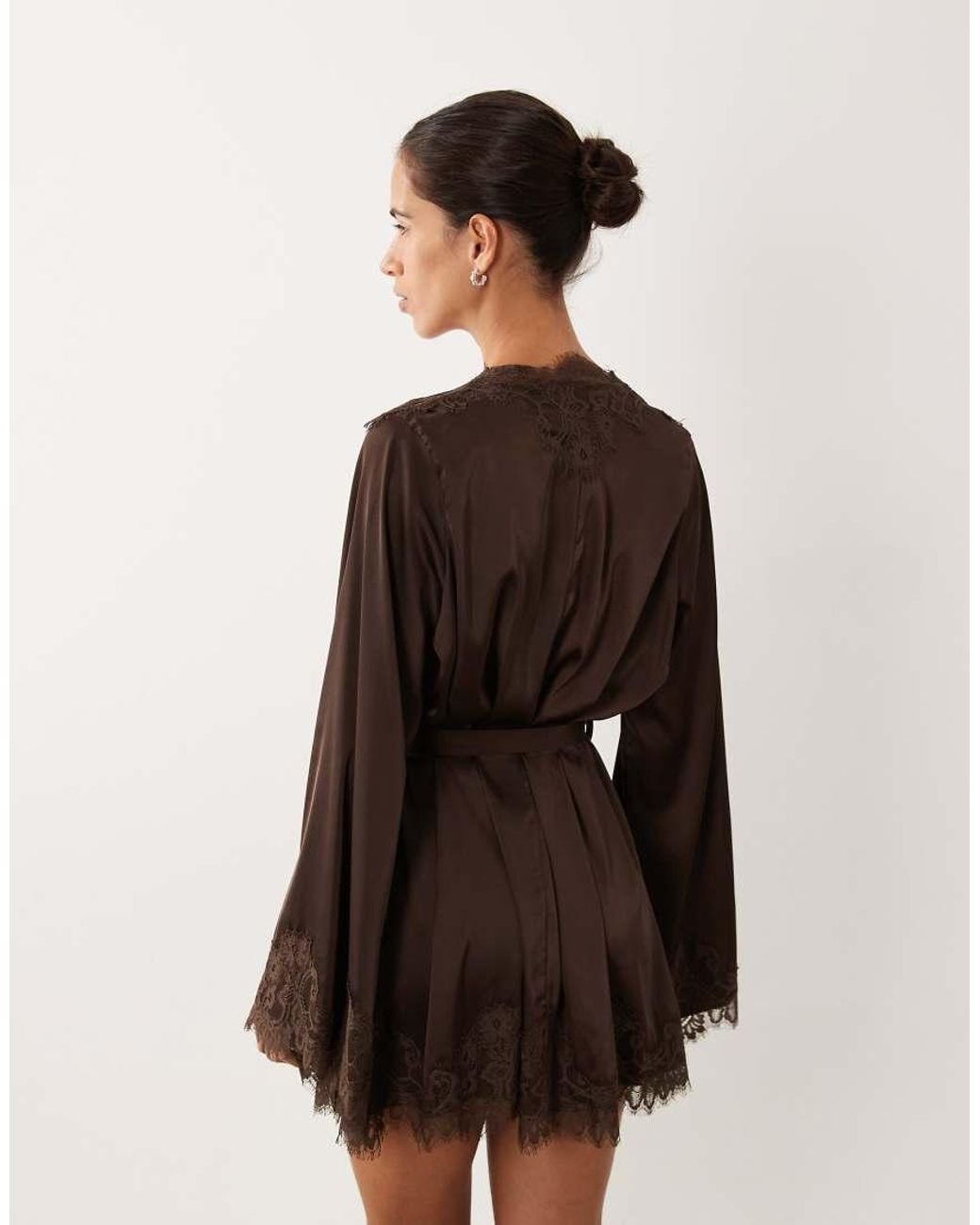KAT THE LABEL Brown Olivia Satin Lace Robe
