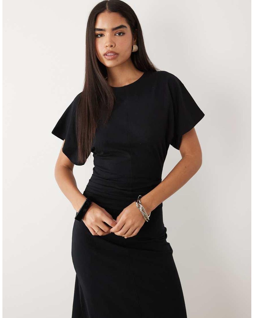ASOS Black Ruched Waist Midi T-shirt Dress
