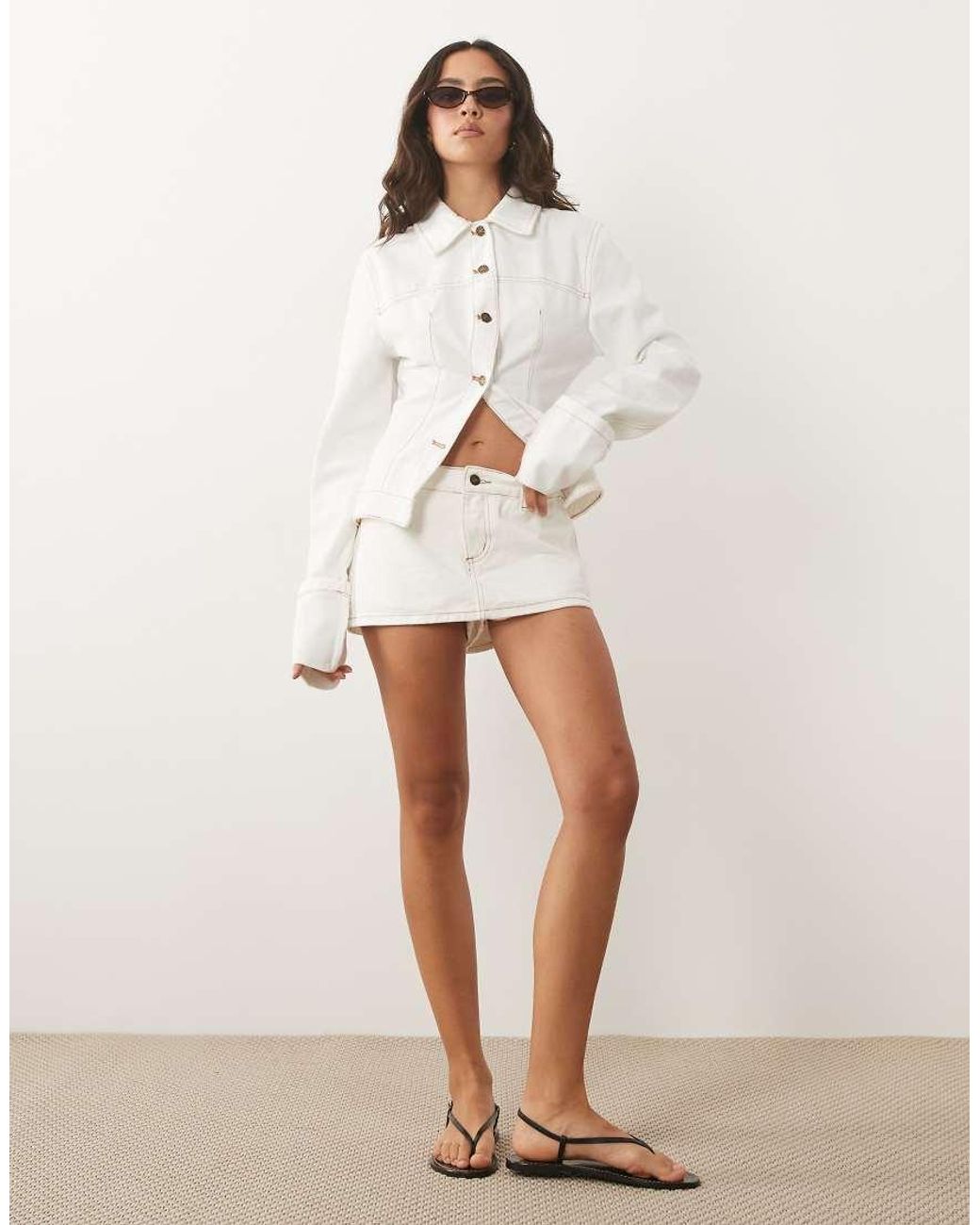 Lioness White The Bronx Cotton Fitted Wide Cuff Detail Cinch Back Denim Jacket Co-ord