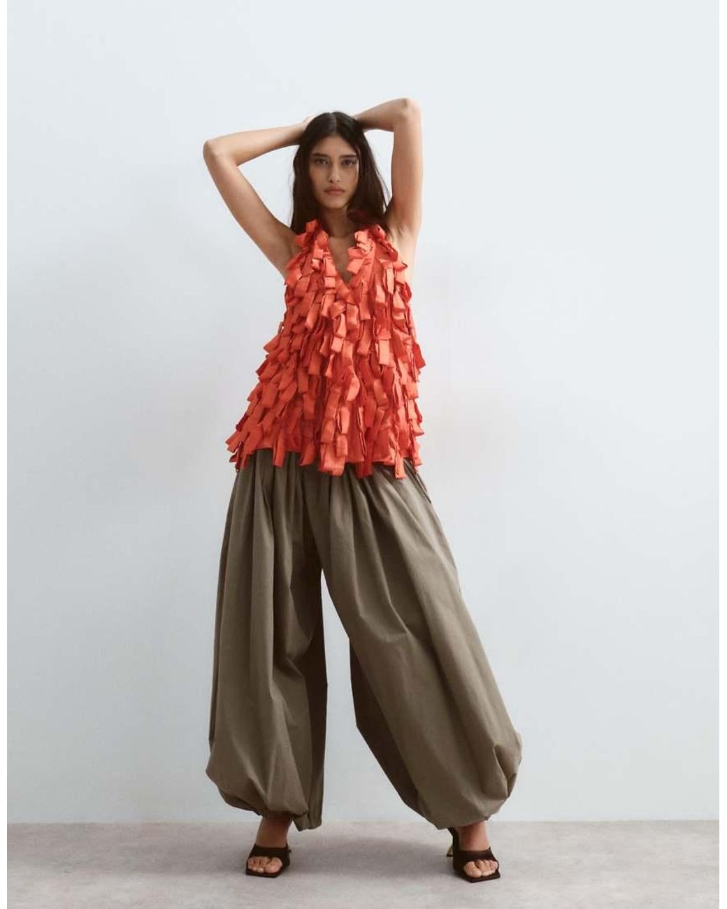 ARRANGE Red Textural Satin Loop Halter Top