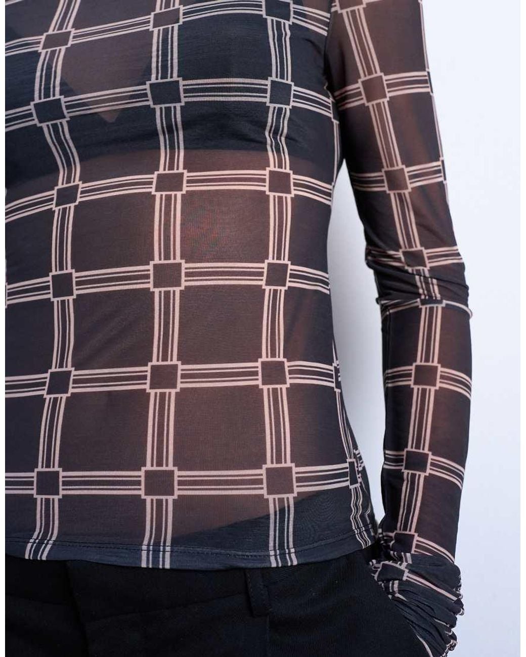 TOPSHOP Blue Mesh High Neck Check Print Long Sleeve Top