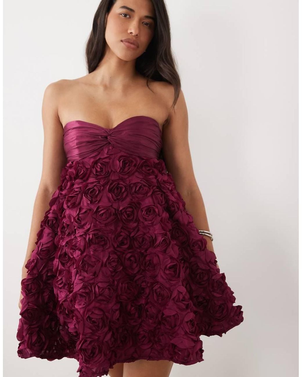 ASOS Red Bandeau Mini Dress With 3d Floral Skirt