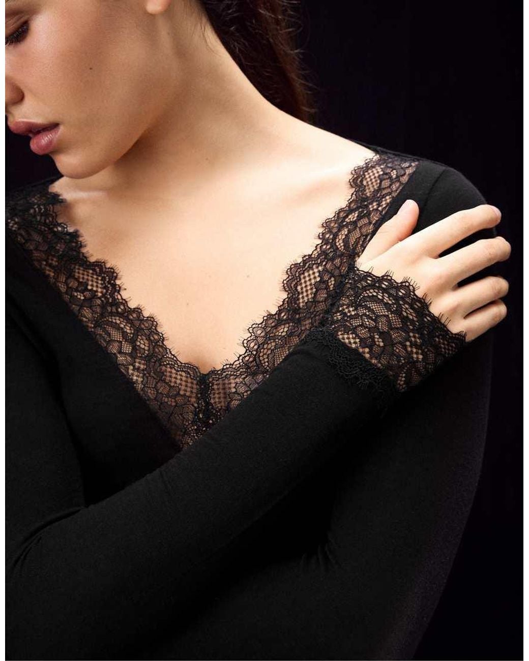 Stradivarius Black Cashmere Blend Long Sleeve V-Neck T-Shirt