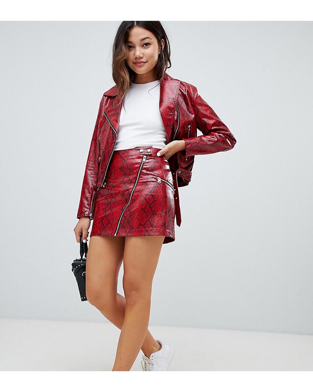 Bershka Two-piece Snake Print Pu Skirt With Zips in Red | Lyst