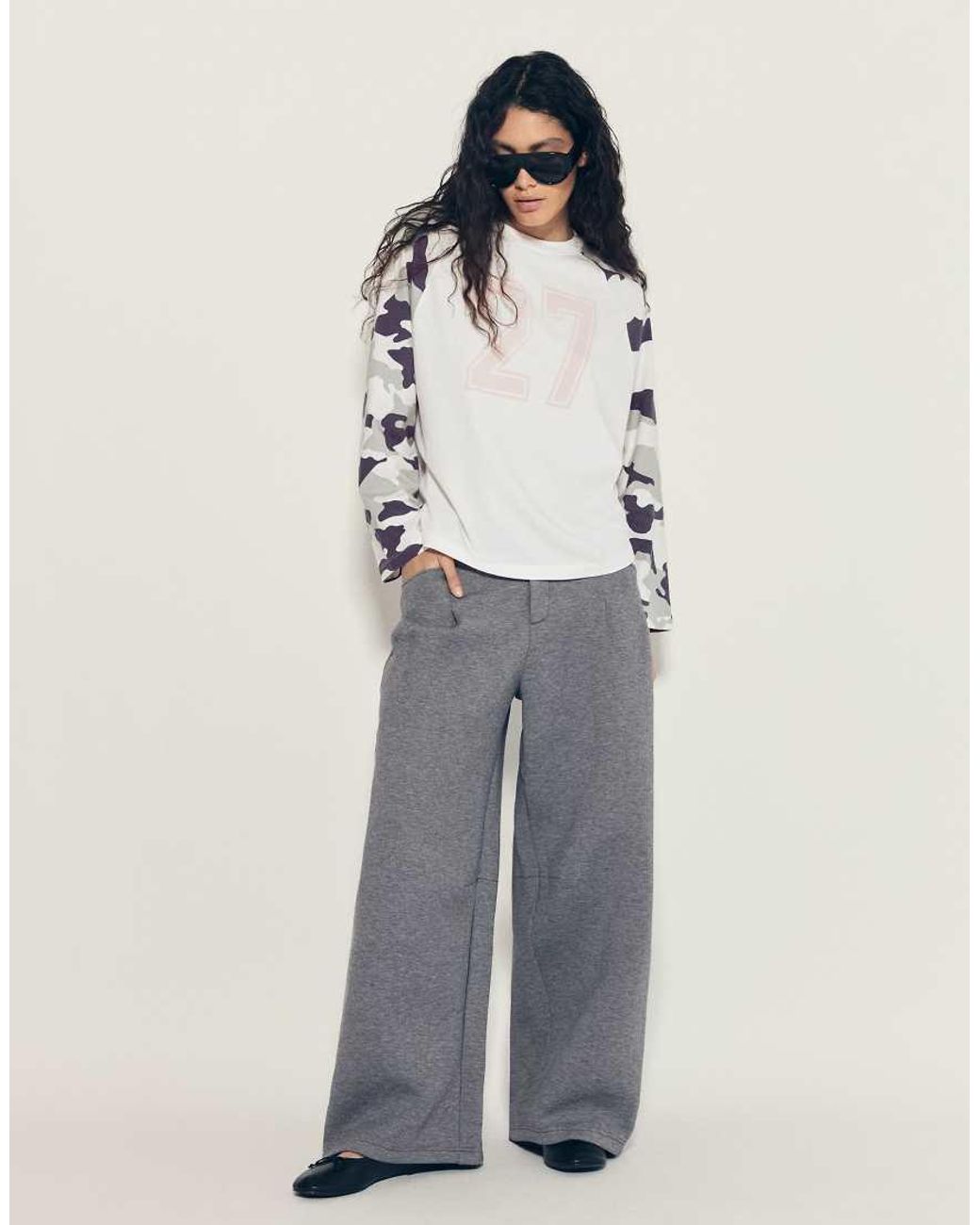 Bershka Gray Long-Sleeved Camouflage Print Raglan T-Shirt