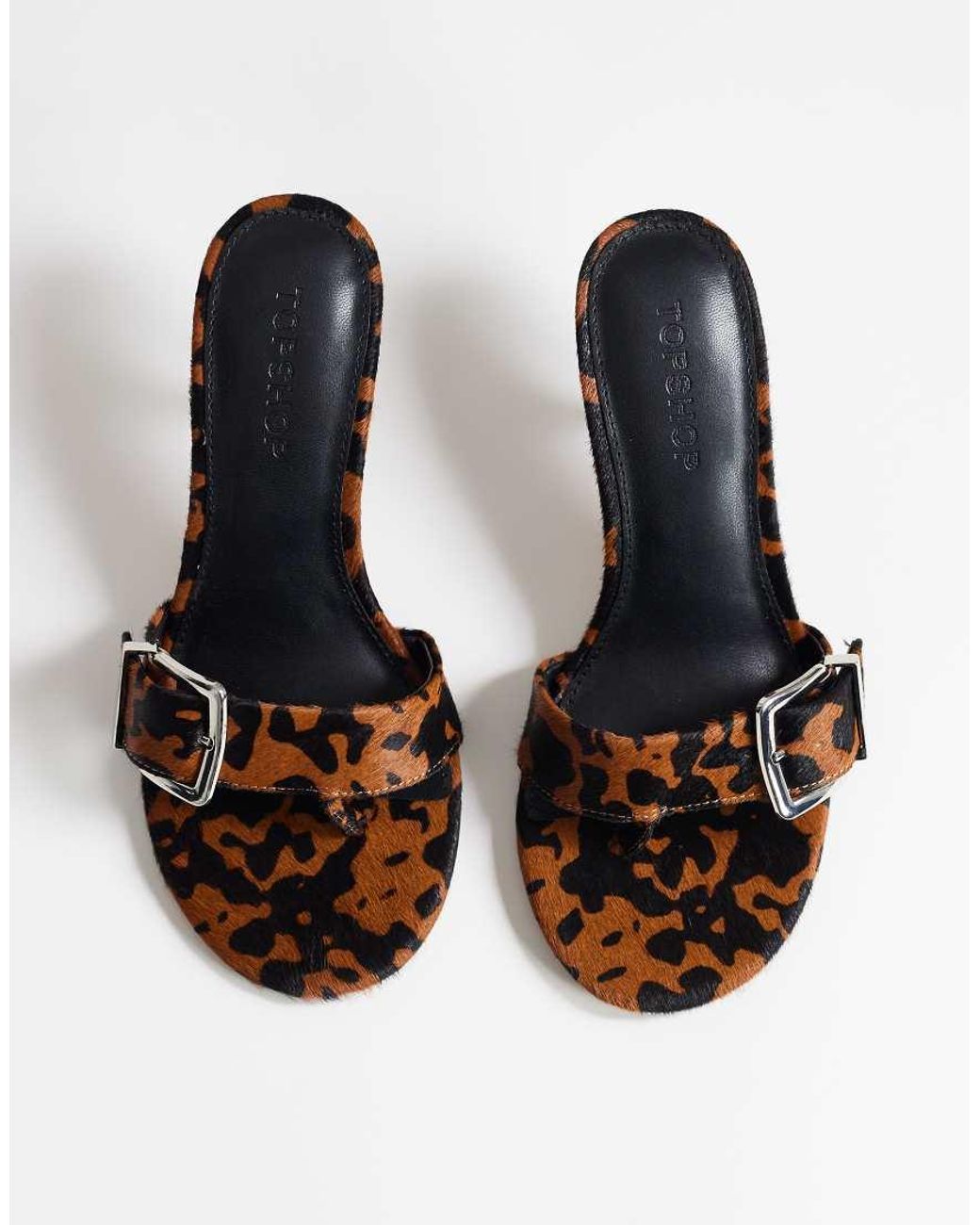 TOPSHOP Natural Nadine Real Hair On Leather Mid Heeled Mules With Buckle
