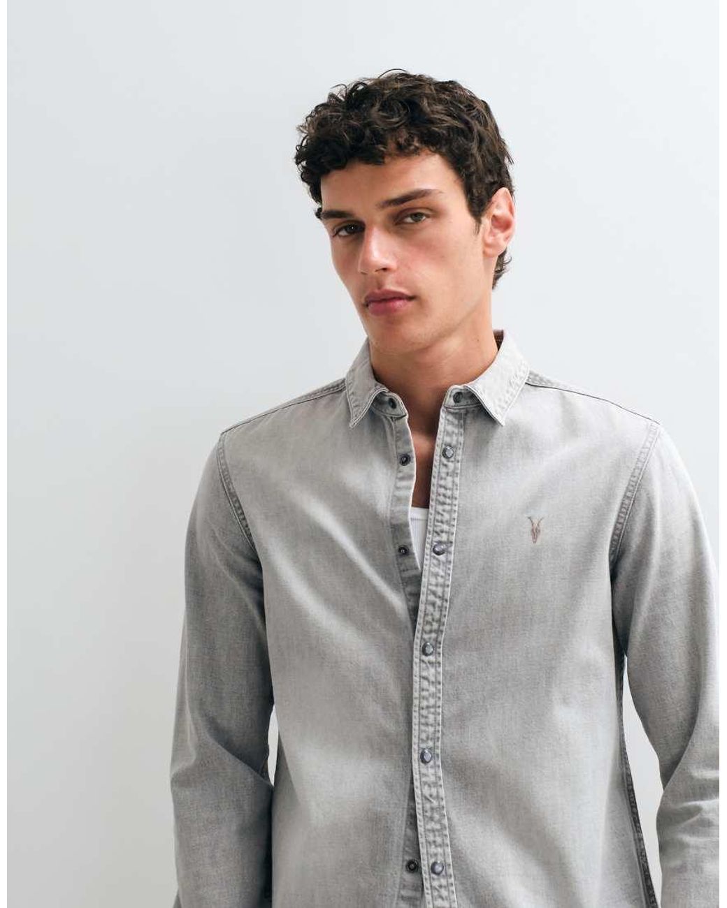 AllSaints Gray Gleason Long Sleeve Demin Logo Shirt for men