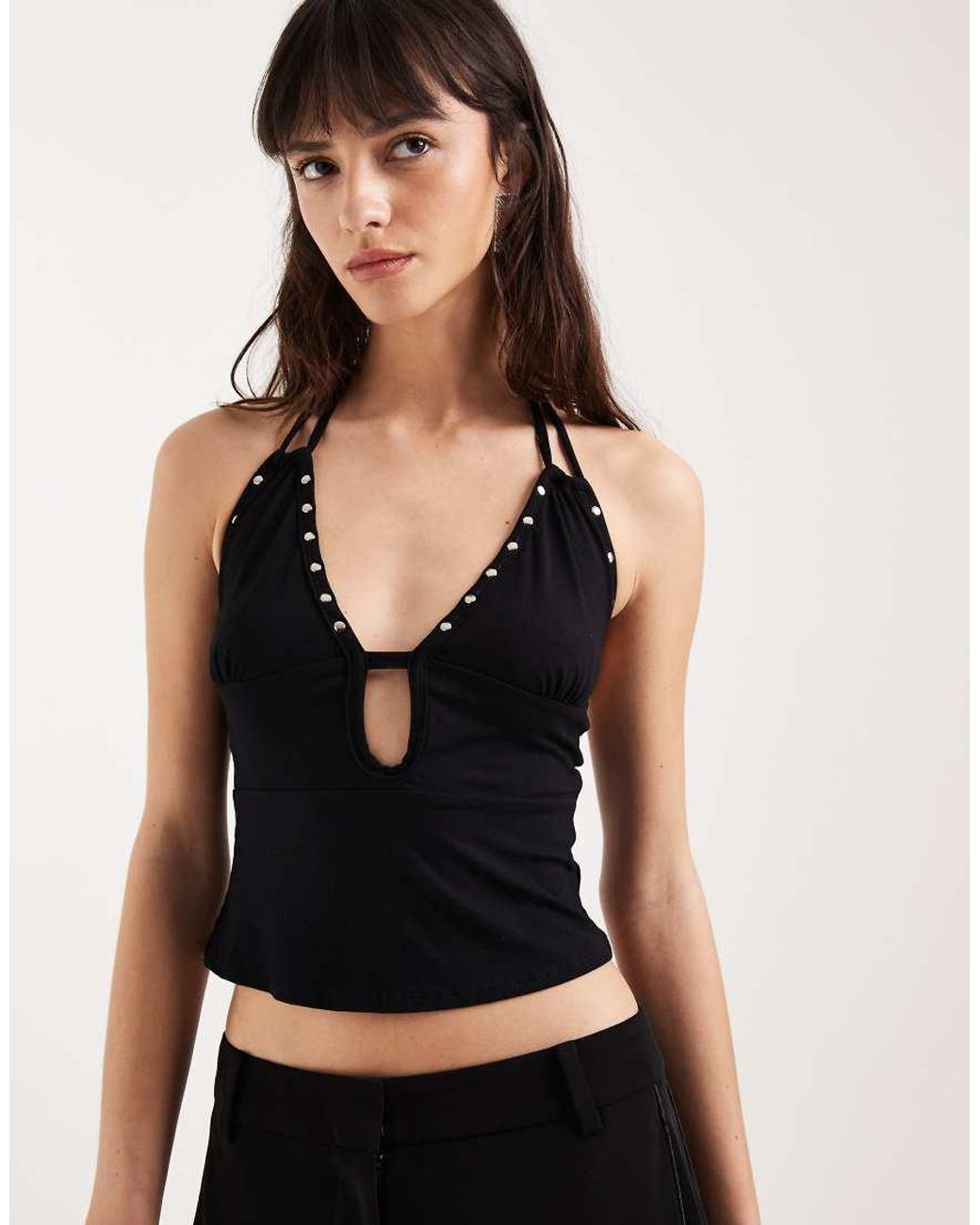 Motel Black Mioto Keyhole Studded Halter Cami Top