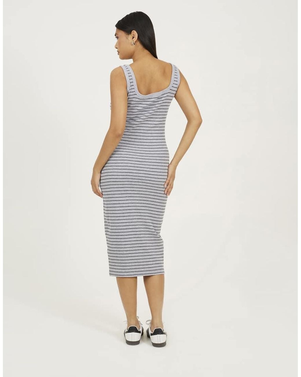 Brave Soul White Cotton Jersey Scoop Neck Stripe Bodycon Midi Dress