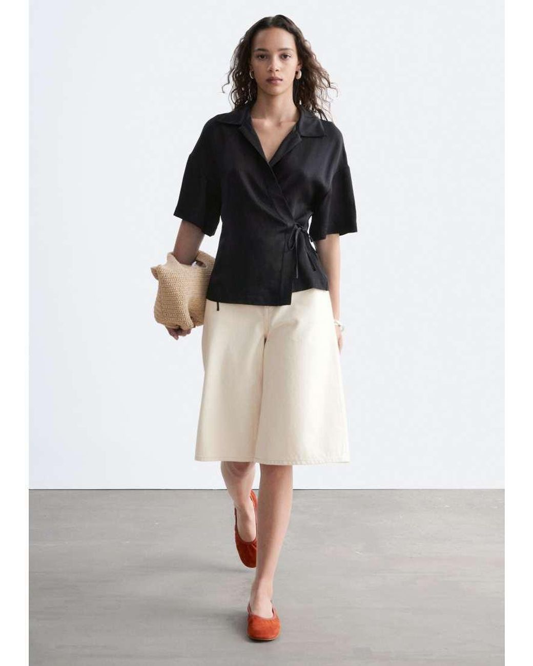 & Other Stories Blue Short Sleeve Wrap Linen Shirt With Tie Waist Detail