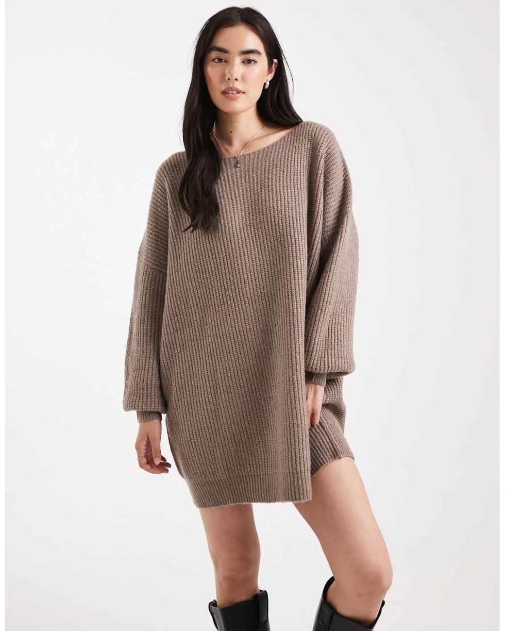Miss Selfridge Natural Slash Neck Oversized Knit Mini Dress