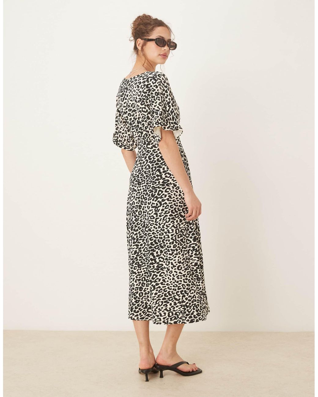 ASOS Roll Sleeve Button Front Midi Tea Dress in Natural | Lyst
