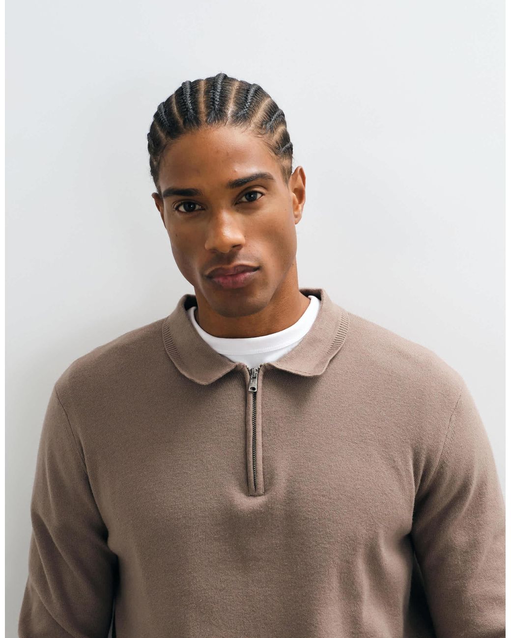 Threadbare Natural 1/4 Zip Knitted Polo for men