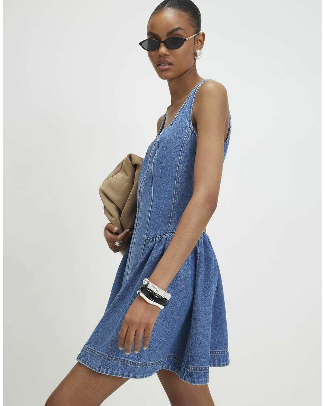 River Island Blue Denim Sleeveless Zip Front Swing Dress