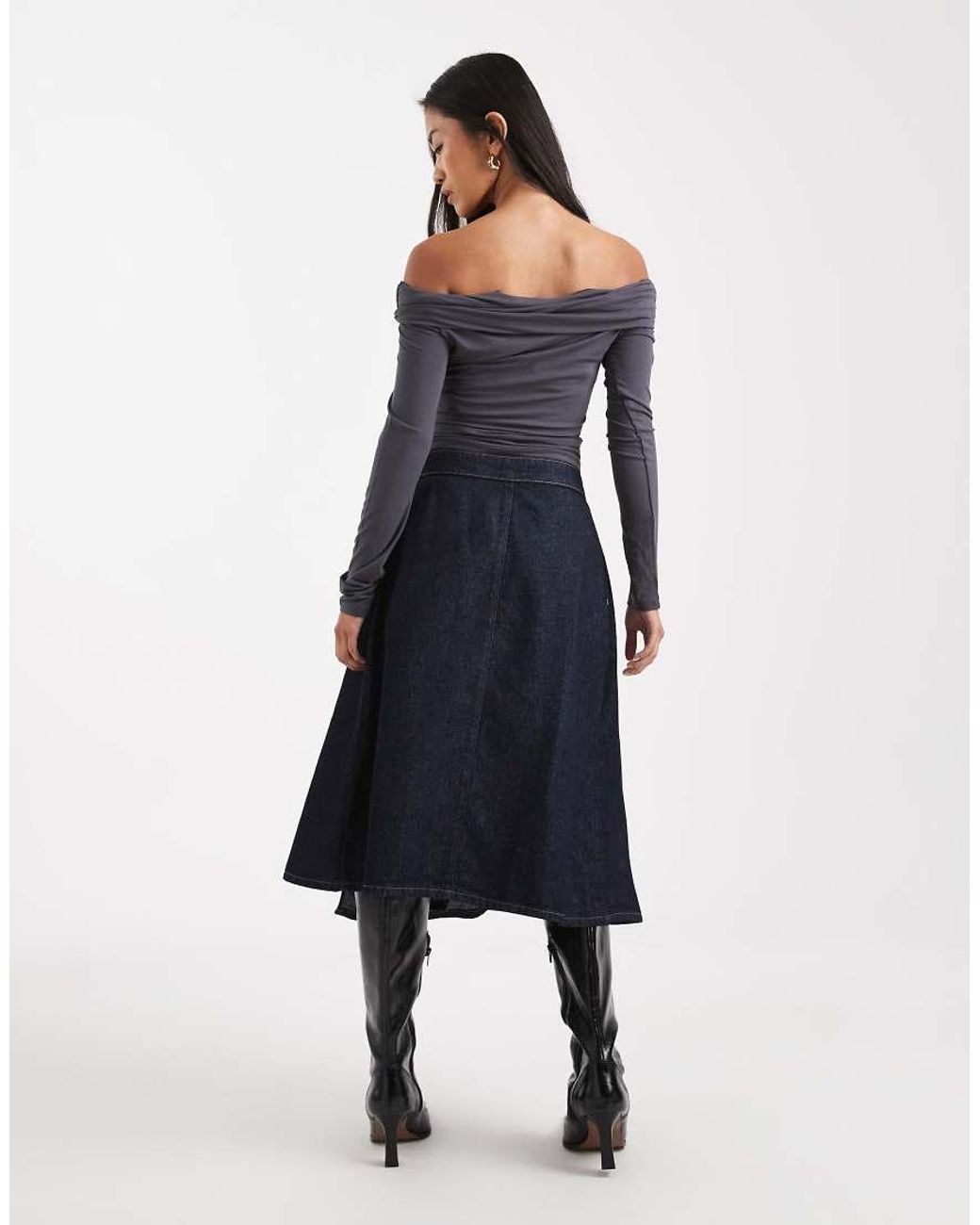 ASOS Blue Pleated Midi Denim Skirt