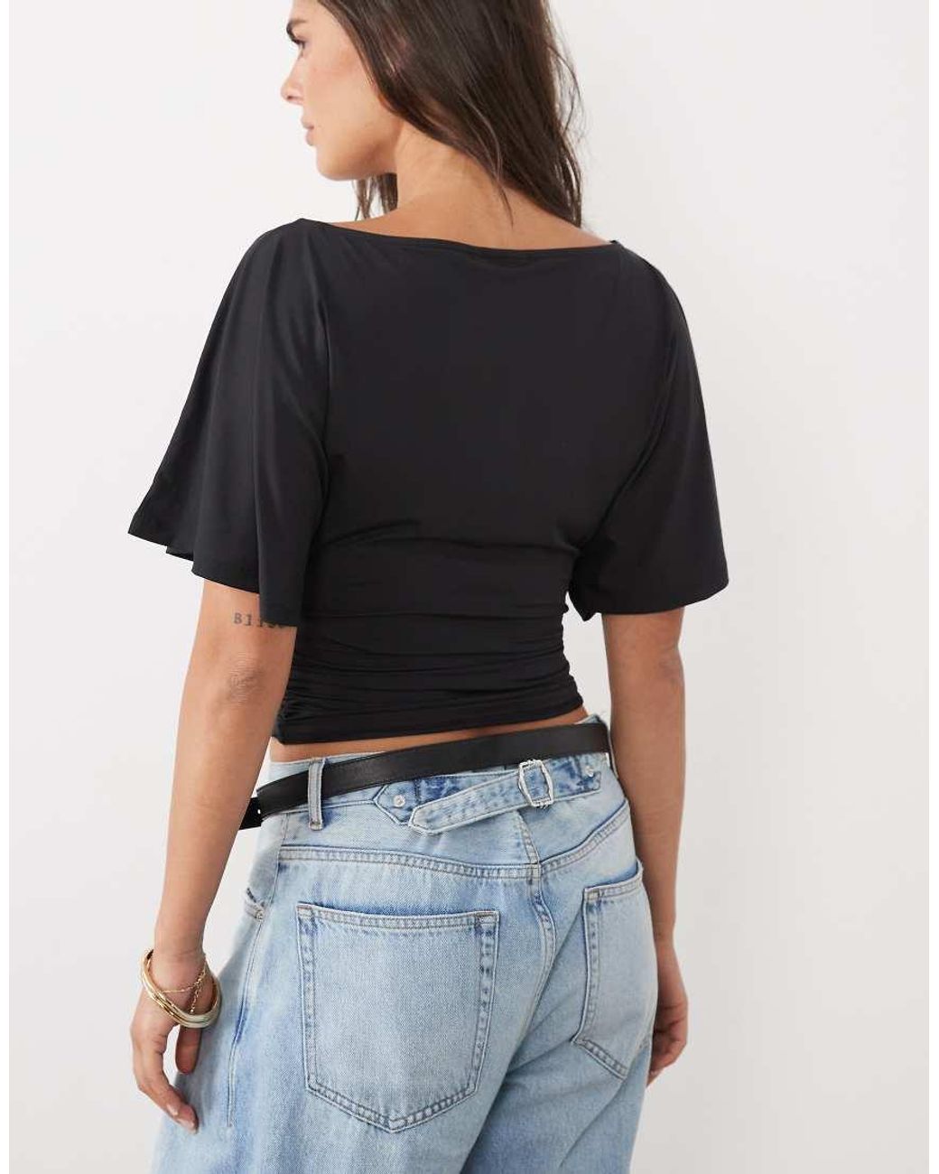 ASOS Blue Slinky Slash Neck Top With Batwing Short Sleeve