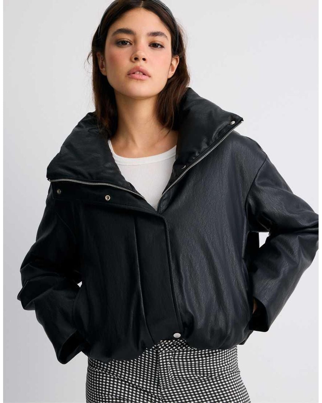 Stradivarius Black Leather Effect High Neck Puffer Jacket
