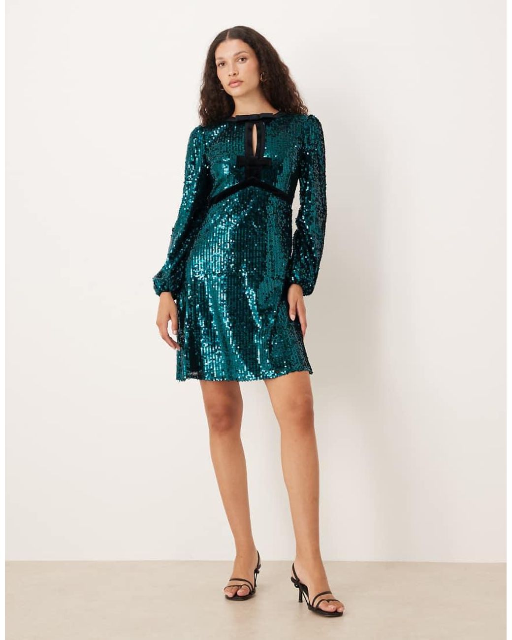 Lovedrobe Blue Fully Embellished Velvet Bow Detail Mini Dress