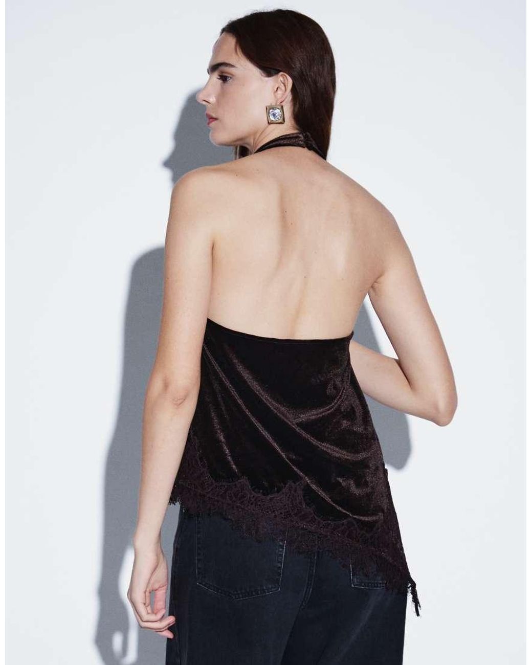 Vila Black Lace Trim Asymmetric Halter Neck Velvet Top