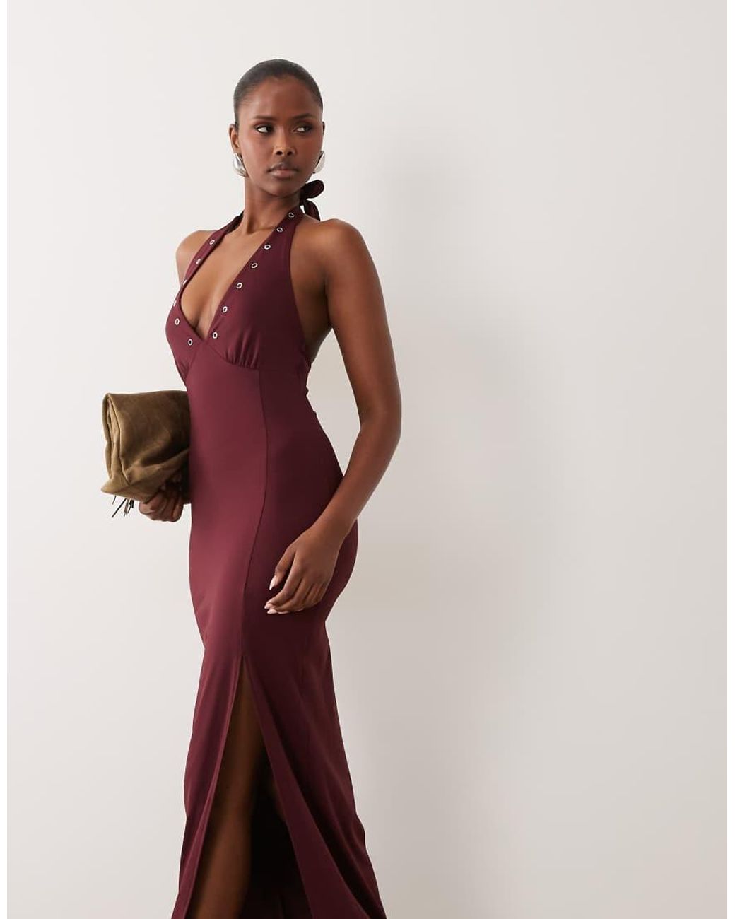 The Frolic Red Exclusive Bengaline Eyelet Detail Halterneck Plunge Maxi Dress