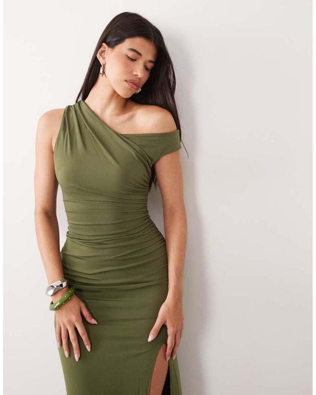 TFNC London Green Slinky Fallen Shoulder Thigh Split Maxi Dress