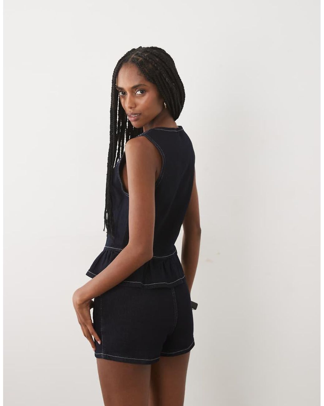 Miss Selfridge Blue Denim Button Through Peplum Top With Contrast Stitch