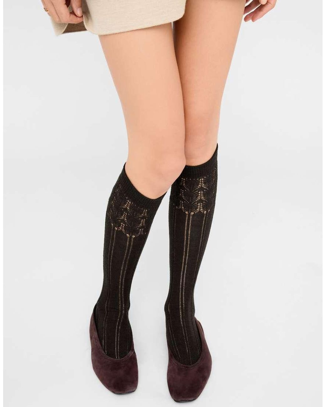 Calzedonia Black Lace-Patterned Long Socks With Wool