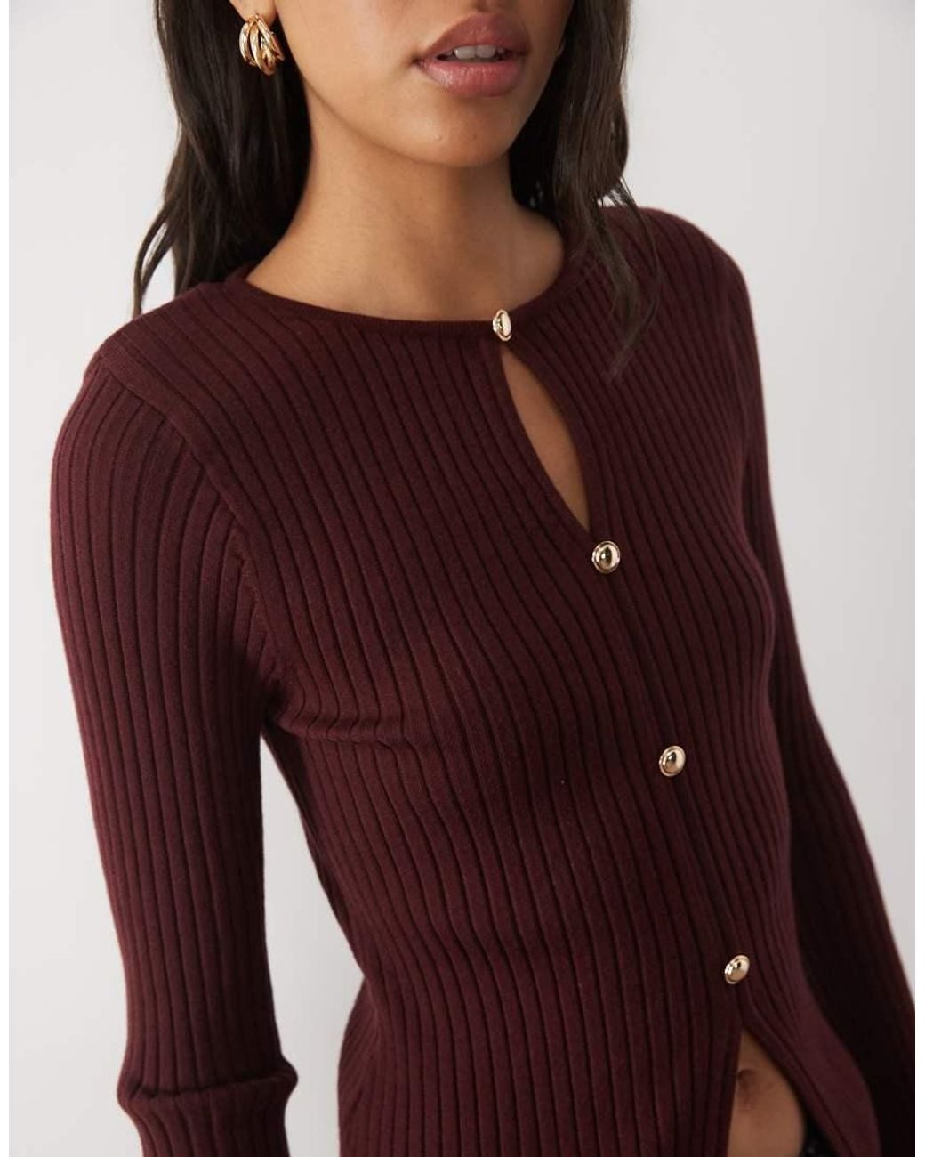 New Look Brown Knitted Button Through Top With Shoulder Pad Detail