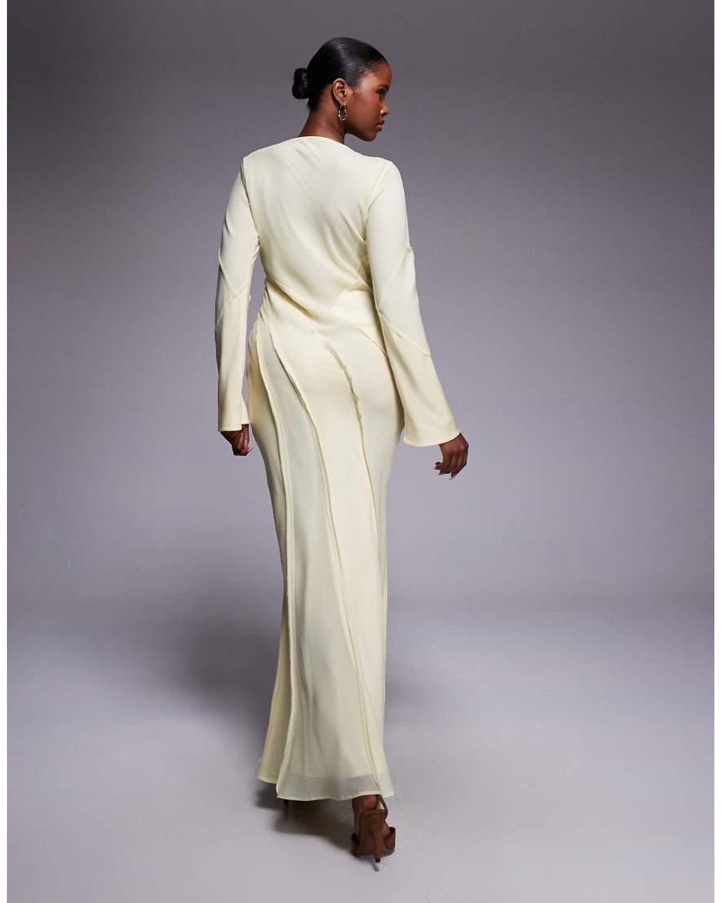 ASOS White Satin Slash Neck Long Sleeve Maxi Dress With Raw Edge Panel Detail