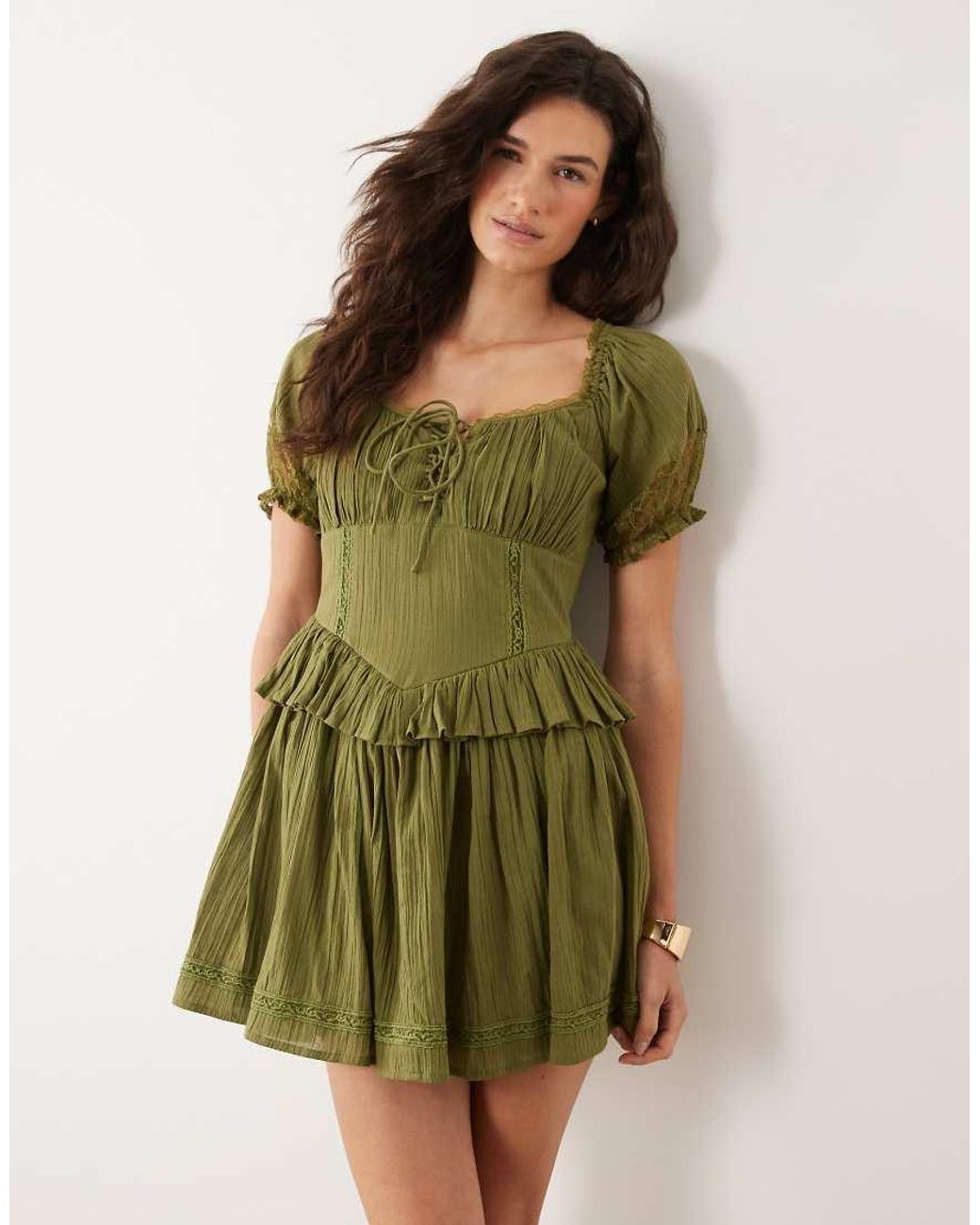 Miss Selfridge Green Cheesecloth Lace Detail Milkmaid Dress