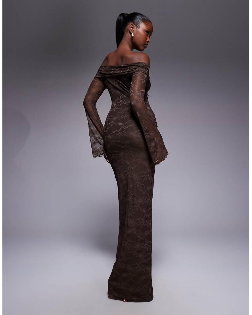 Kaiia Blue Exclusive Double Layered Slinky Lace Bardot Flare Sleeve Tie Waist Drape Detail Maxi Dress