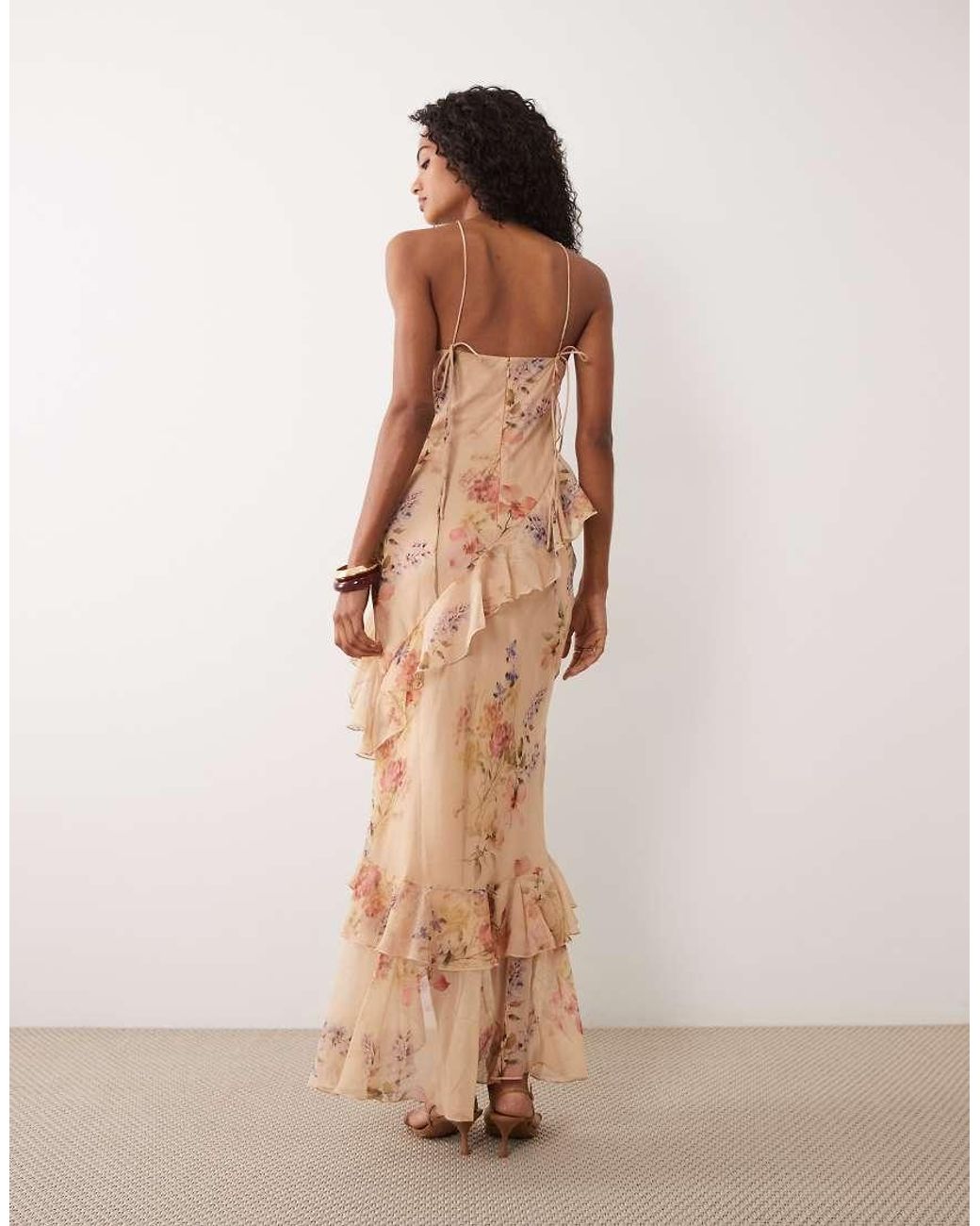 ASOS Natural Bias Cut Maxi Dress With Ruffles And High-low