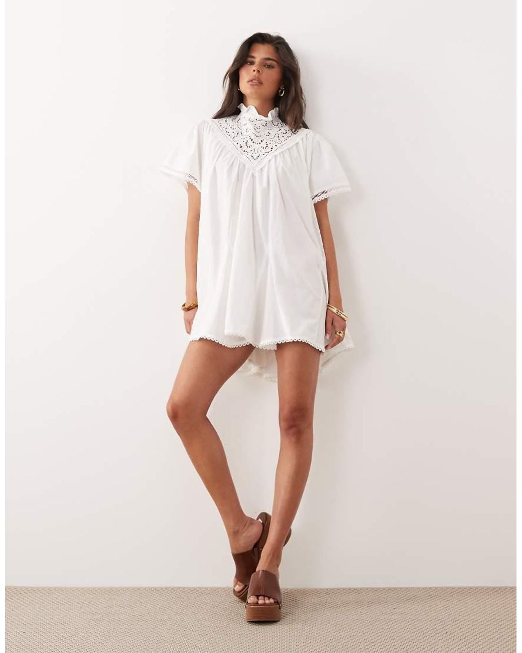 Noughts & Kisses White Cotton High Neck Lace Detail Smock Mini Dress