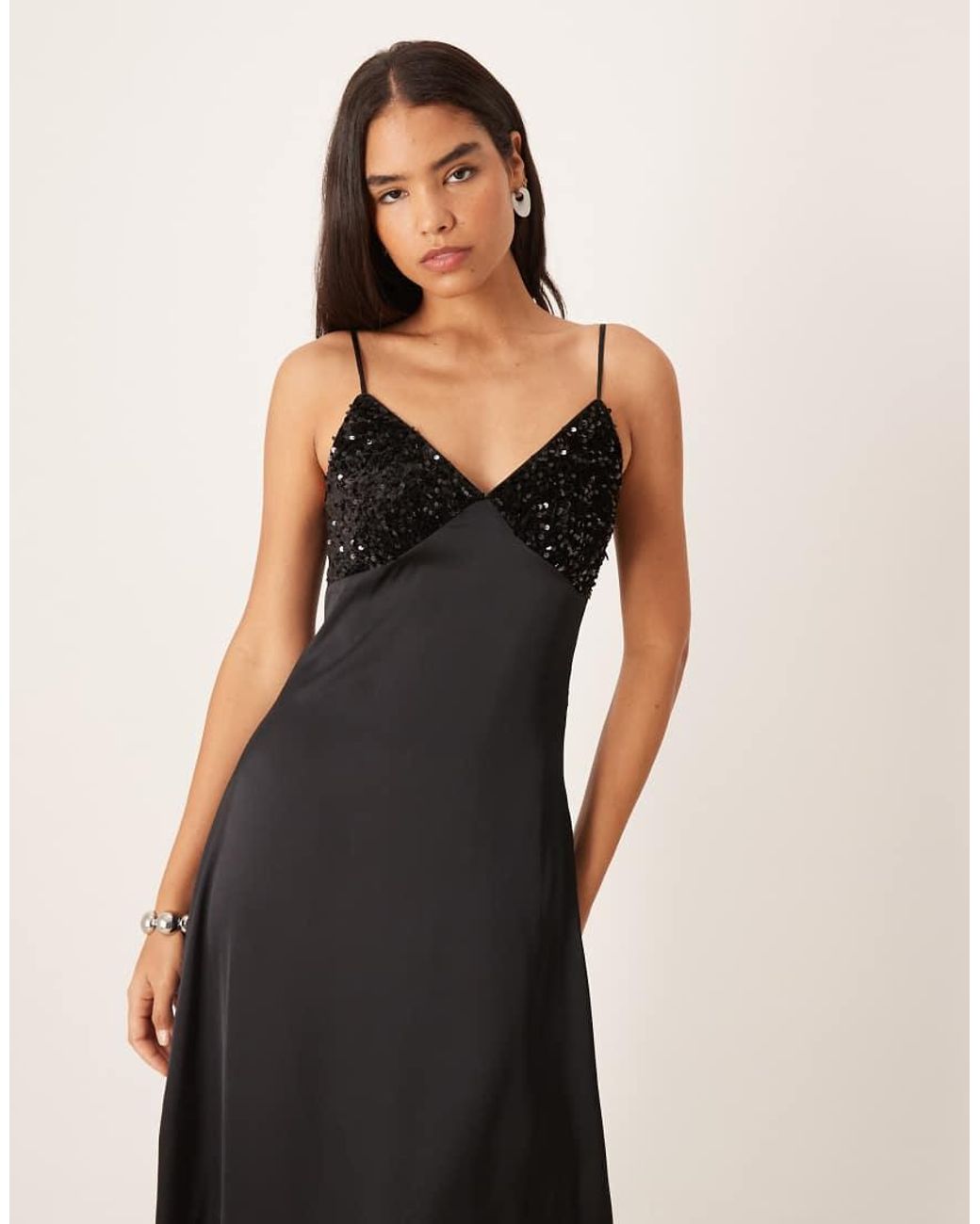 Vila Natural Satin Midi Dress With Sequin Bust