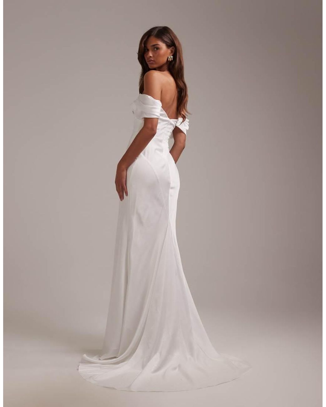 ASOS Brown Bardot Draped Satin Maxi Wedding Dress