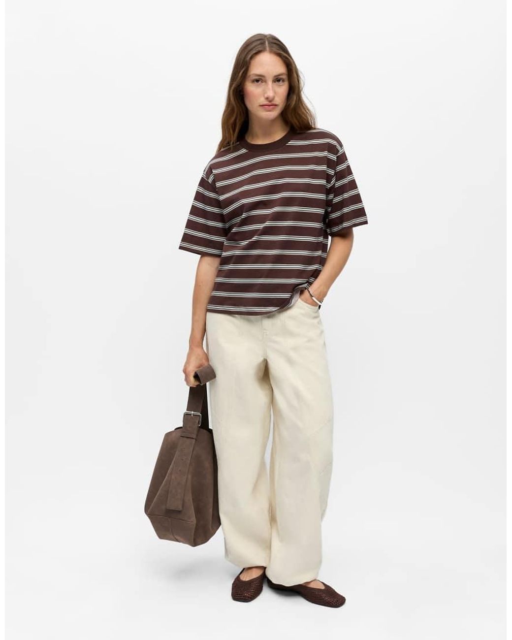 Object Brown Gima Striped Jersey Loose Fit Crew Neck Short Sleeve Stretch T-shirt