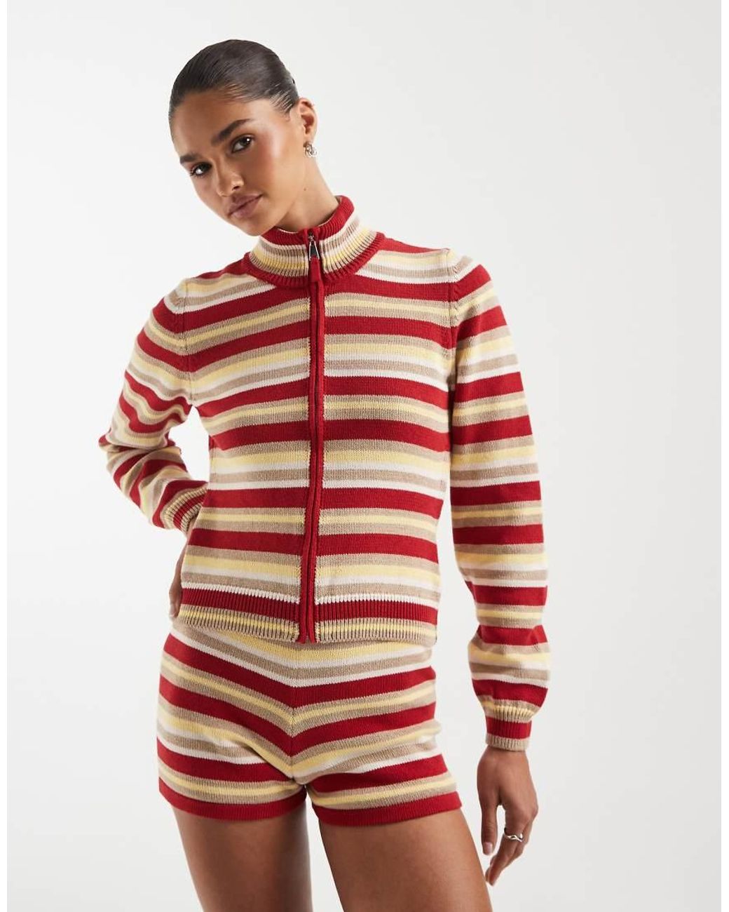 ASOS Red Knitted Funnel Neck Zip Up Jacket Co-ord