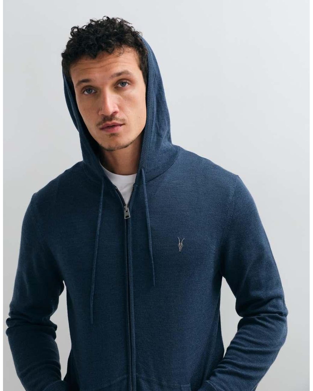 AllSaints Blue Mode Merino Logo Zip Through Knit Hoodie for men